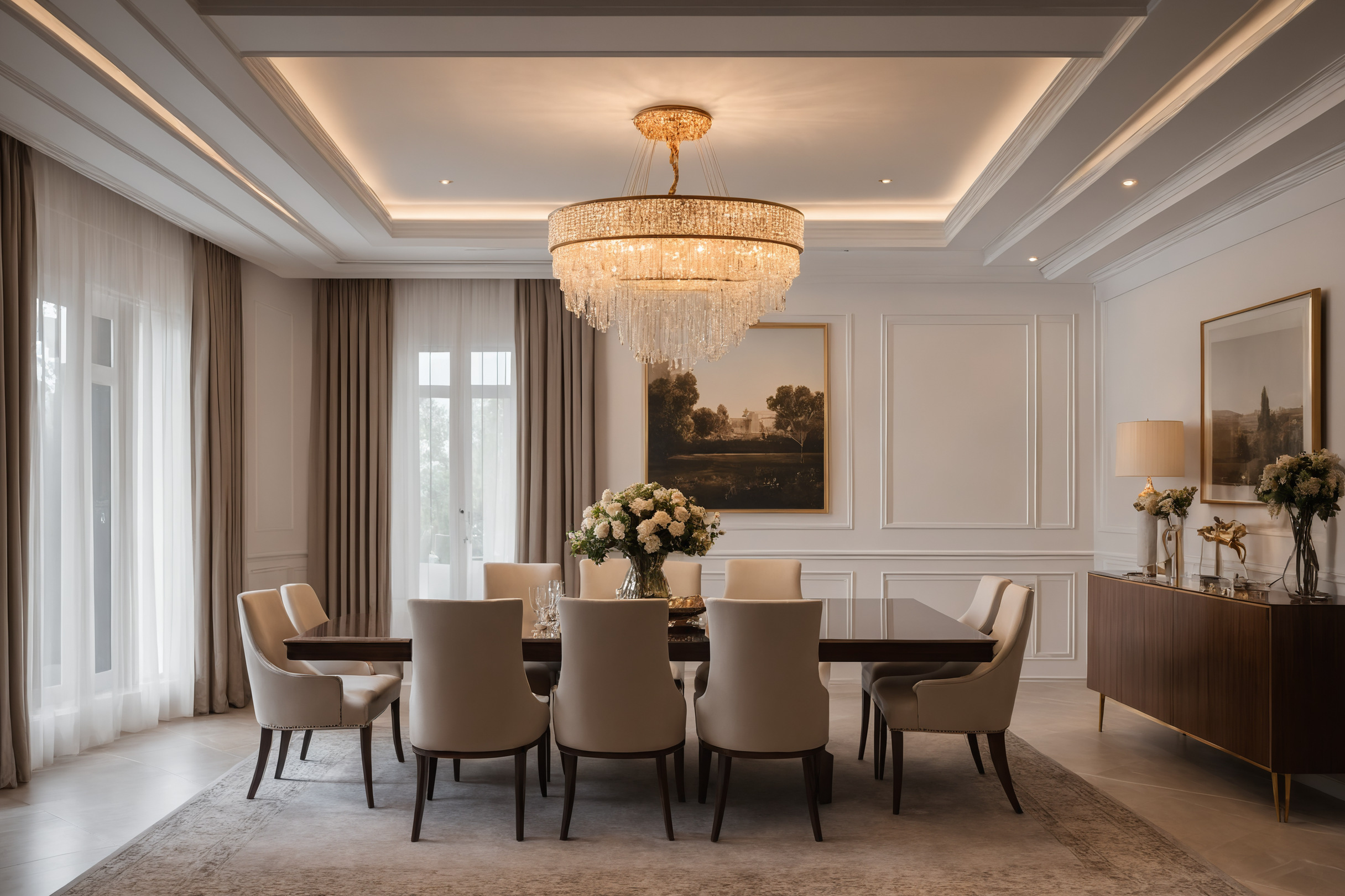 Coffered ceiling with concealed cove lighting and a chandelier centred over a dining table