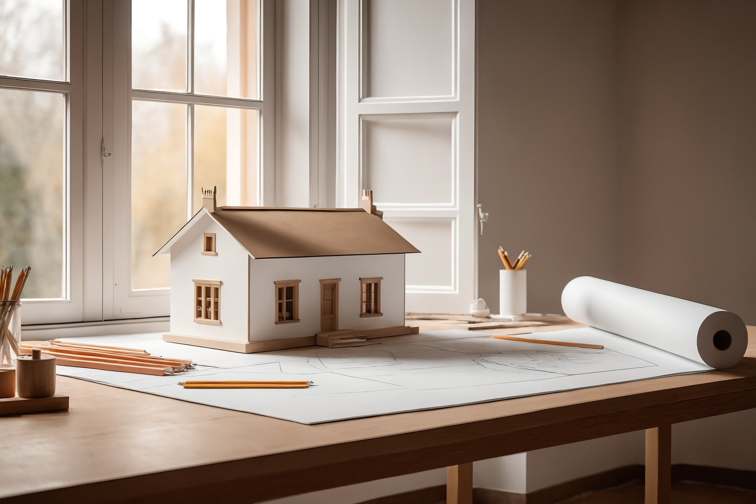 Cardboard massing model of a house on an architect's desk with drawings and pencils