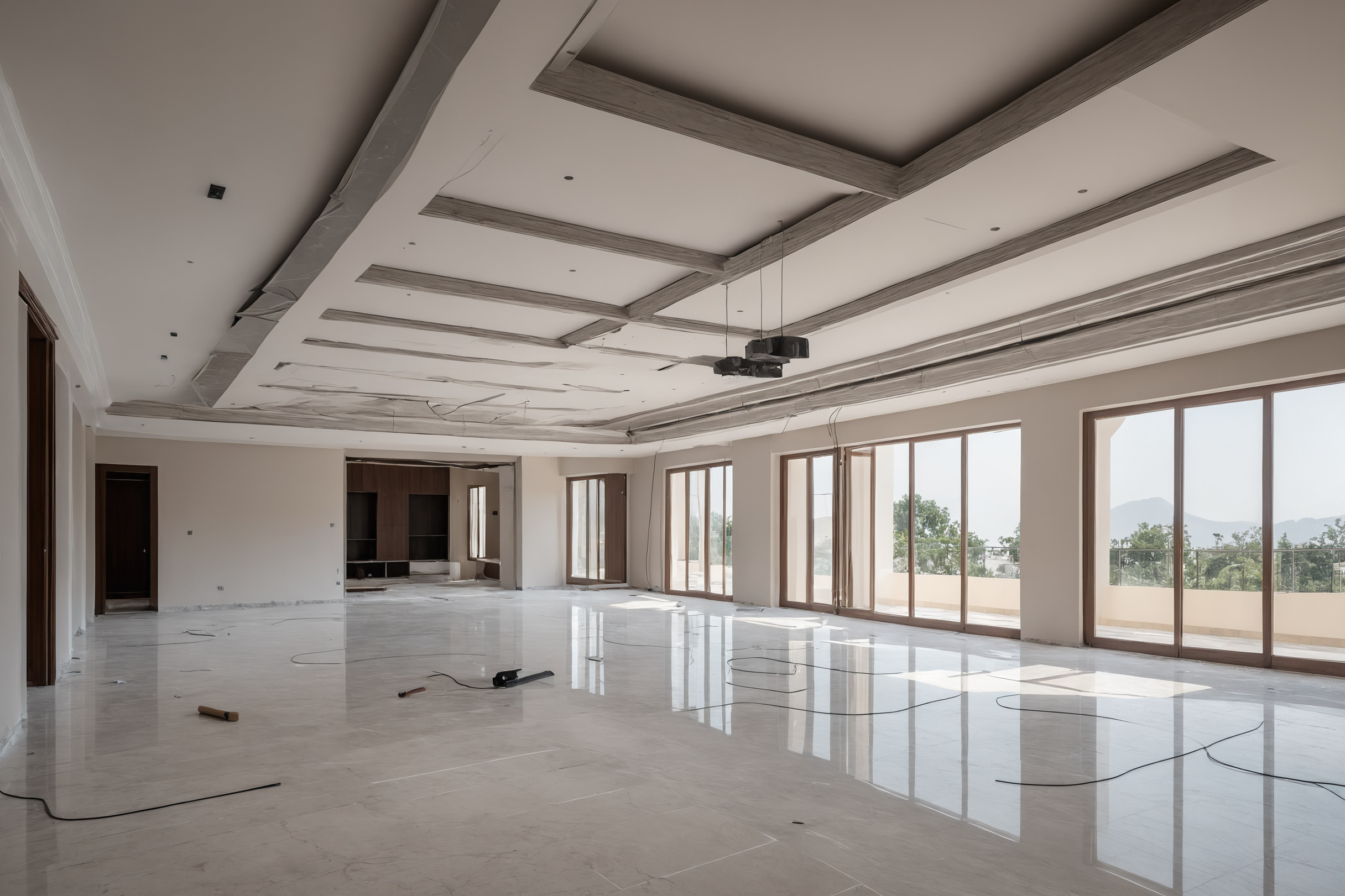 Villa hall at fit-out stage with coffered ceiling framing open and marble floor laid