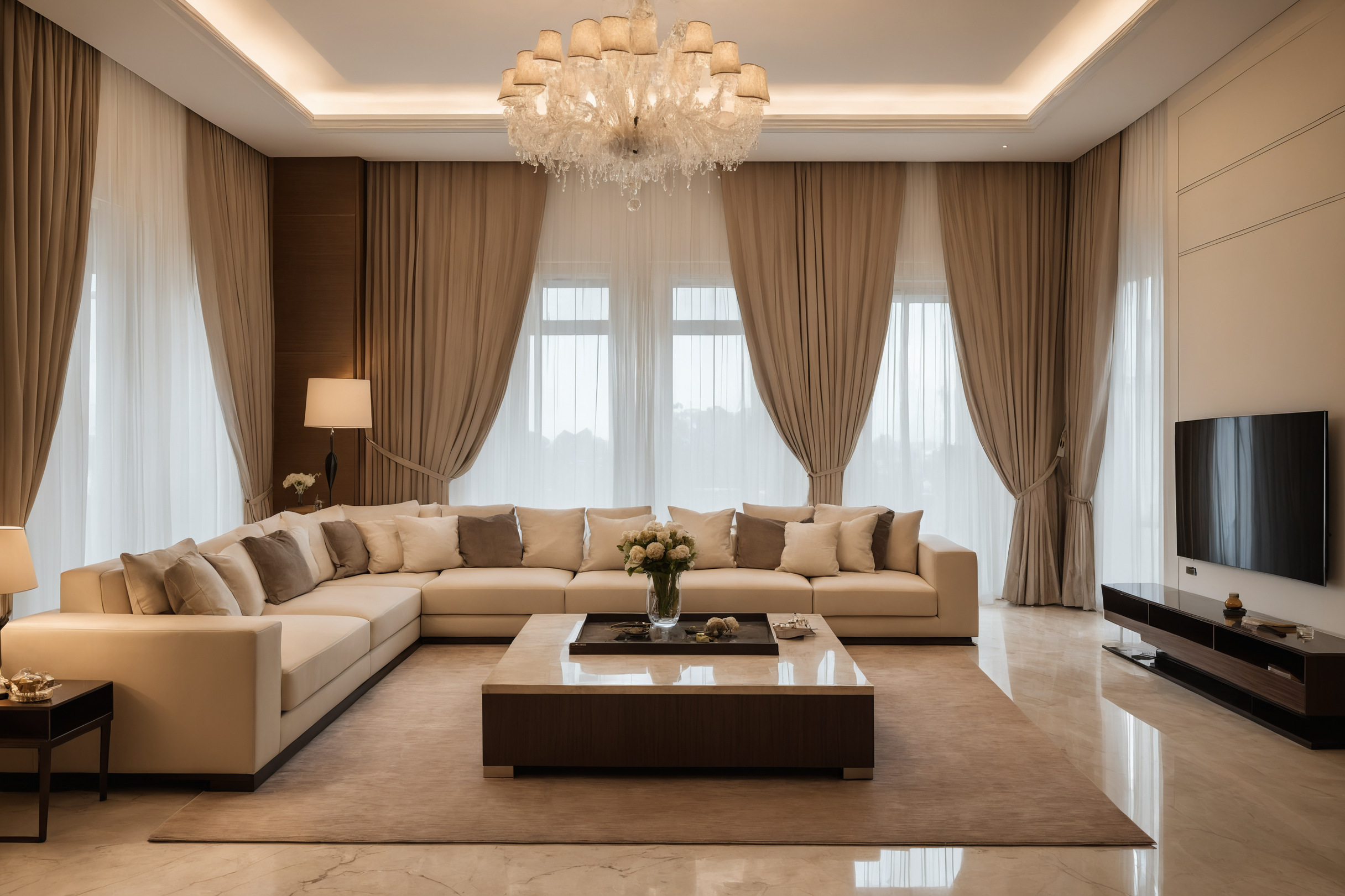 Finished villa living room with cream sofas, marble floor and evening lamps lit