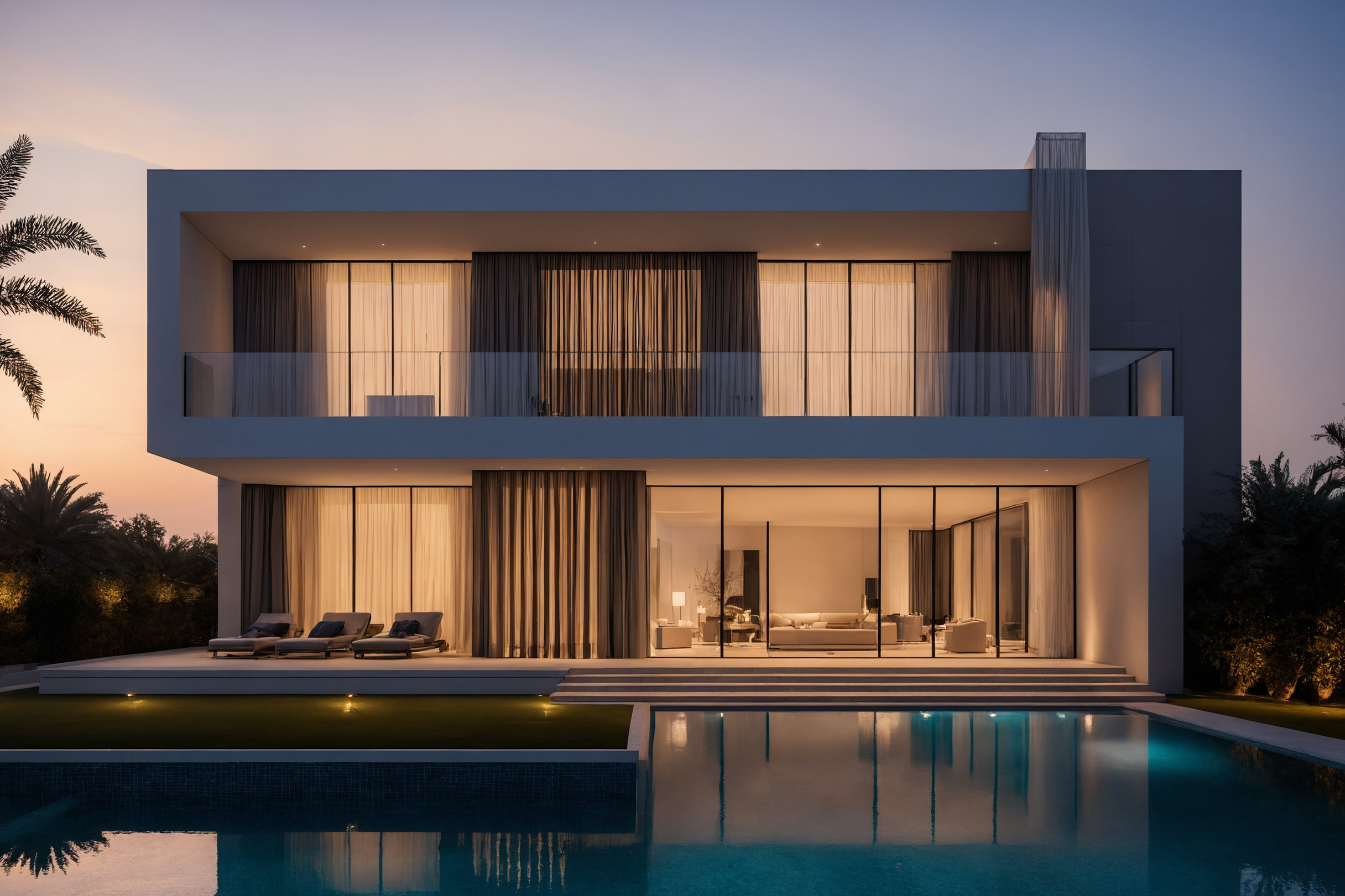 Modern luxury villa exterior at dusk with warm light through full-height glazing