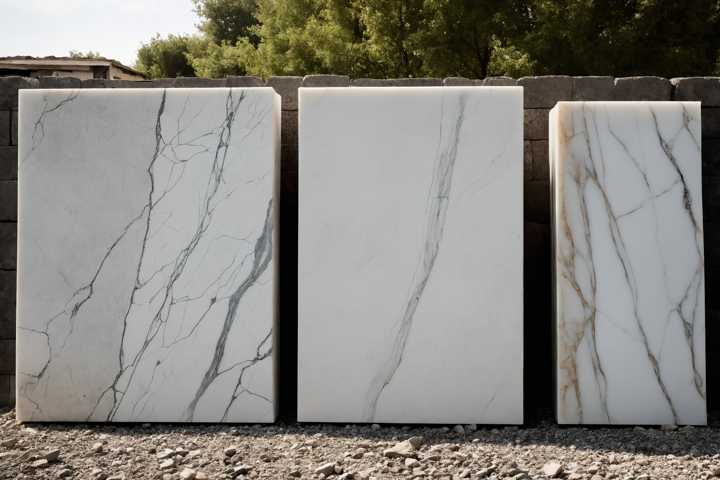 Book-matched marble slabs with dramatic veining leaning in a stone yard