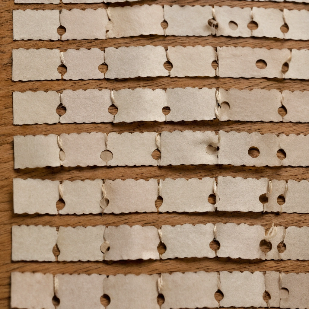 Macro photograph of a chain of jacquard punched cards laced together on a pale timber surface
