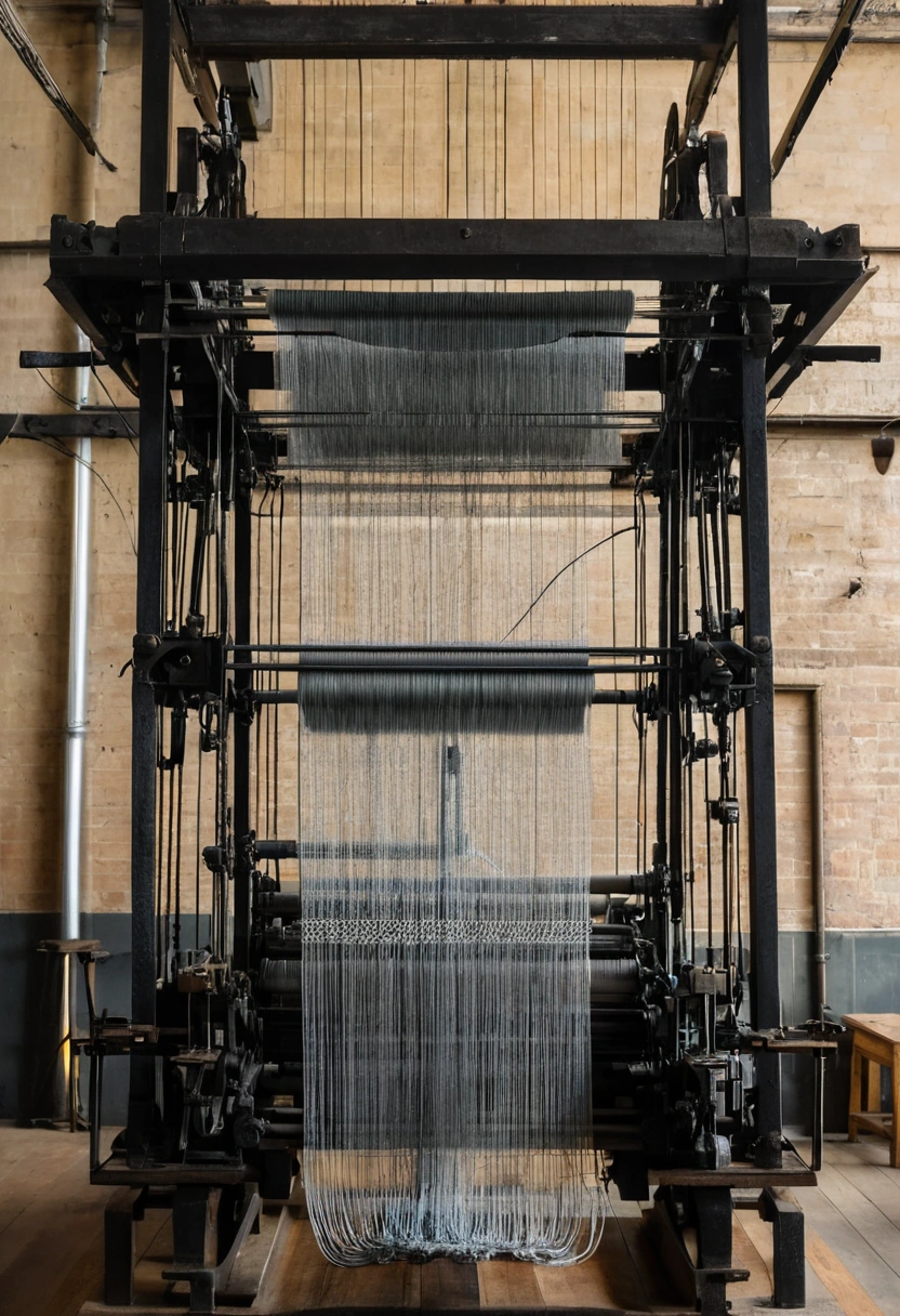 Jacquard head above a loom frame with rows of steel hooks in a cast metal frame and cords descending to the warp