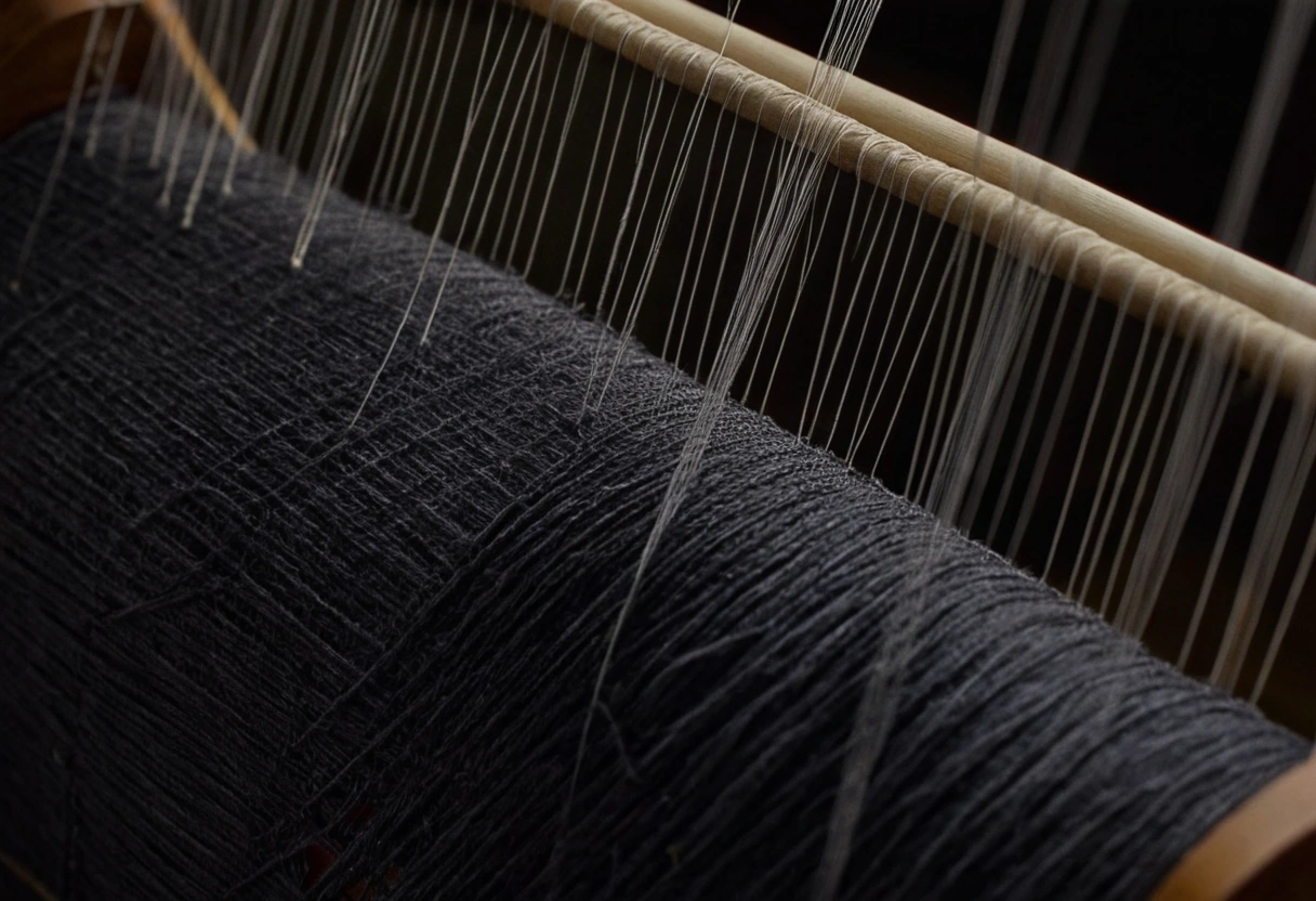 Closely spaced warp threads stretched under tension across a loom, backlit so each thread reads as a bright line