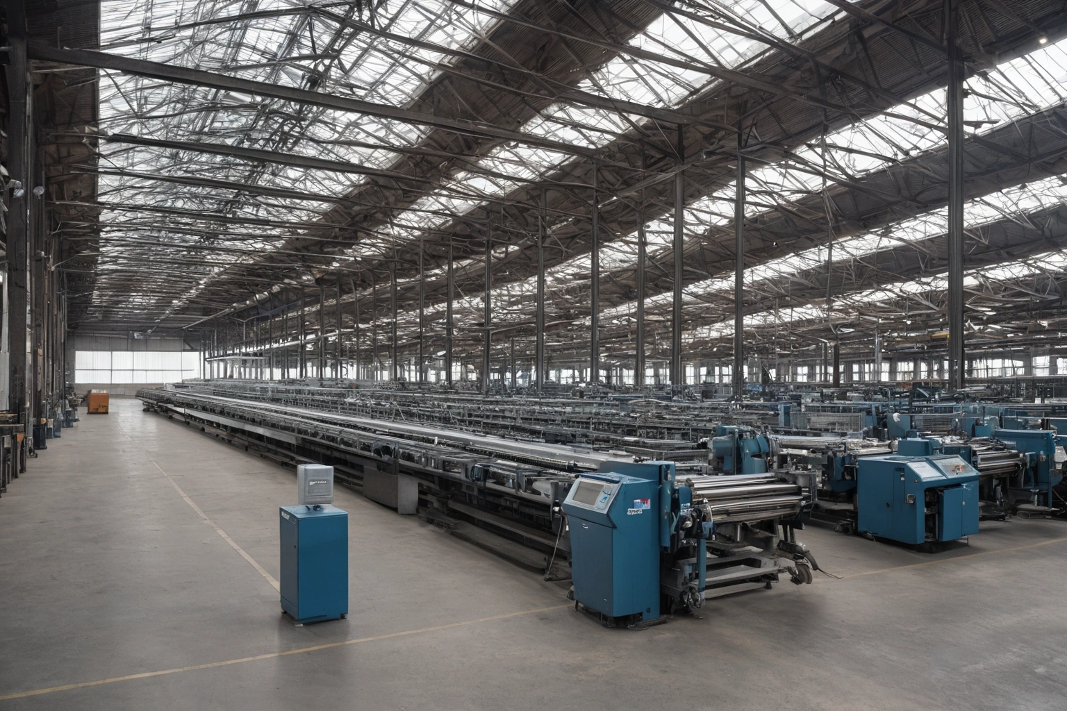 Modern weaving mill interior with rows of rapier looms on a concrete floor under steel roof trusses and roof glazing